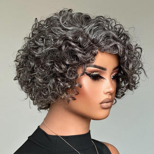 Glueless Salt & Pepper Rose Curly Bob Human Hair Wig