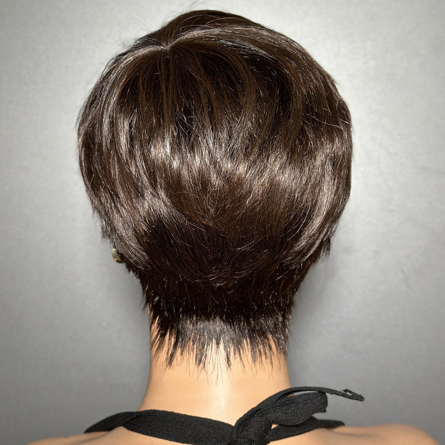 Brown With Blone Highlight Bangs Natural Realistic Glueless Short Pixie Cut Wig