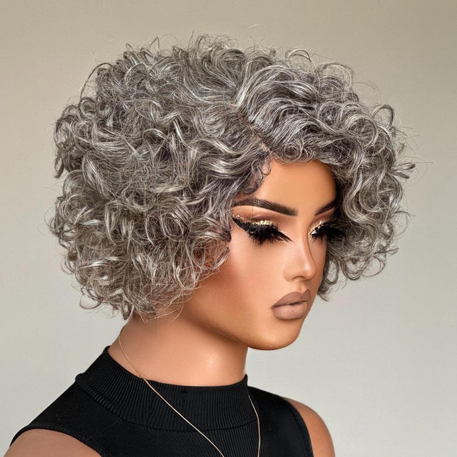 Glueless Ash Grey Rose Curly Bob Human Hair Wig