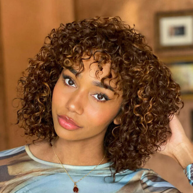 Wear & go Glueless Highlight Color Short Curly Wig With Bangs