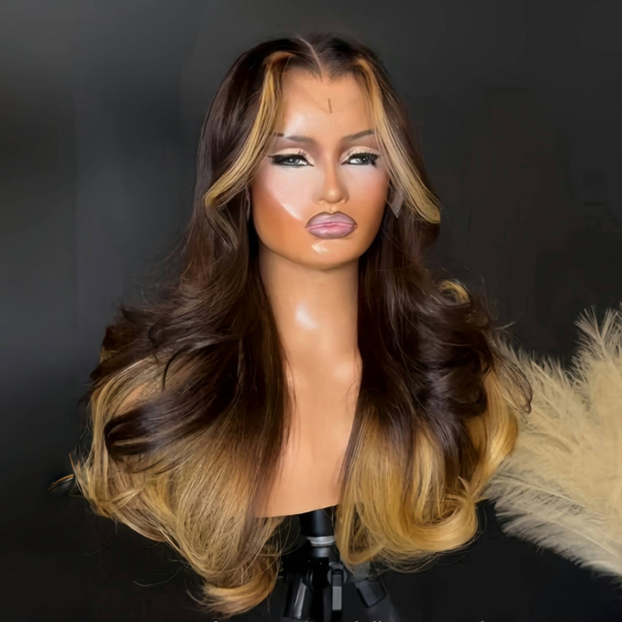 Ombre Brown With Blonde Highlights Body Wave Layered Cut 13x4 Lace Front Wig