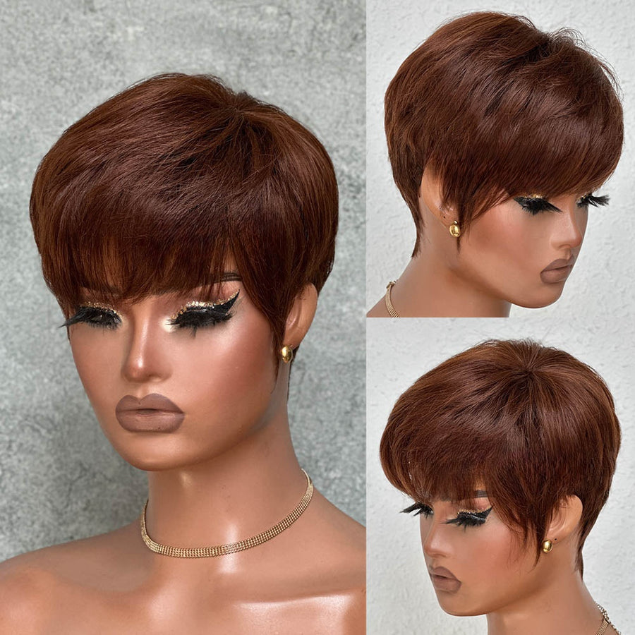 Put On & Go Brown Layered Pixie Cut Human Hair Wig With Bangs