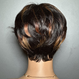 Brown Highlight Natural Realistic Glueless Short Pixie Cut Bangs Wig