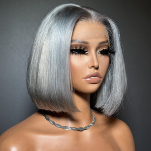 Silver Gray Straight Short Bob Lace Frontal Wig