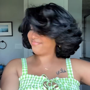 Natural Black Layered Fluffy Bob  Lace Closure Wig