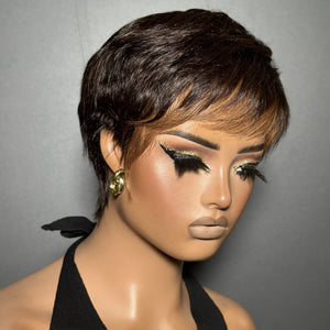 Brown With Blone Highlight Bangs Natural Realistic Glueless Short Pixie Cut Wig