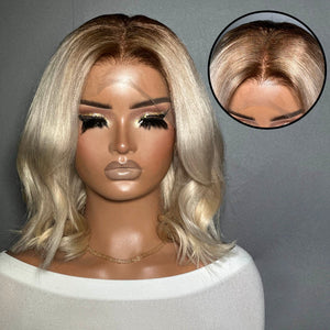 Shoulder Length Blonde Wavy Dark Roots 13x4 Lace Front Wig