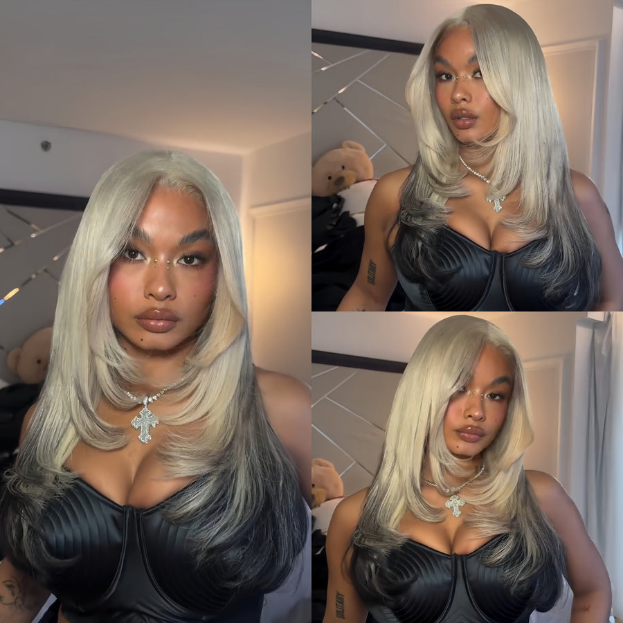 613 Blonde Black Ombre Straight Layered Lace Closure Wig