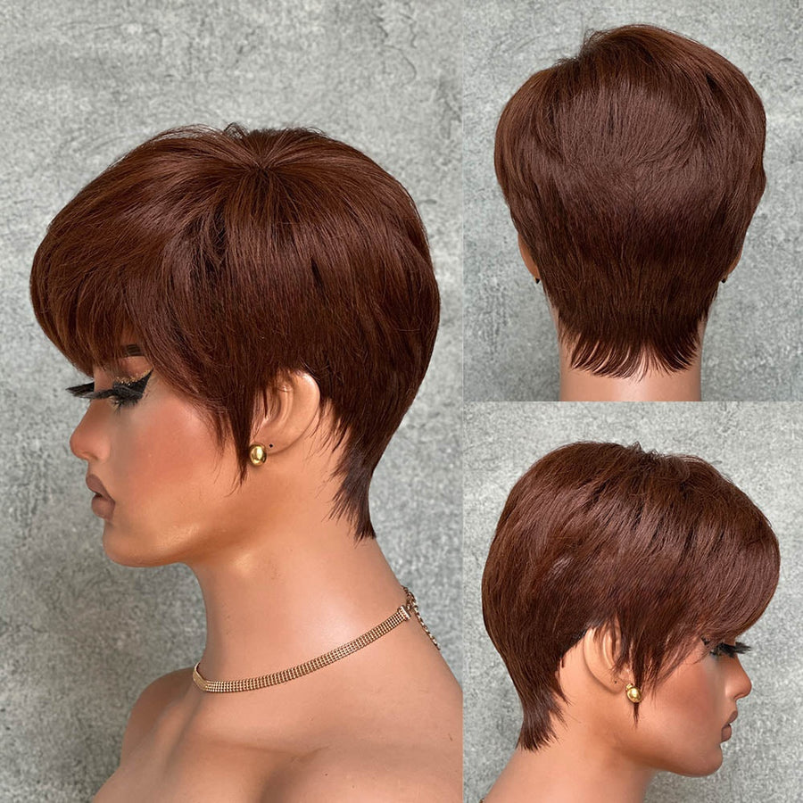 Put On & Go Brown Layered Pixie Cut Human Hair Wig With Bangs