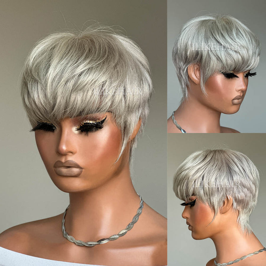 Grey Natural Realistic Glueless Short Pixie Cut Bangs Wig