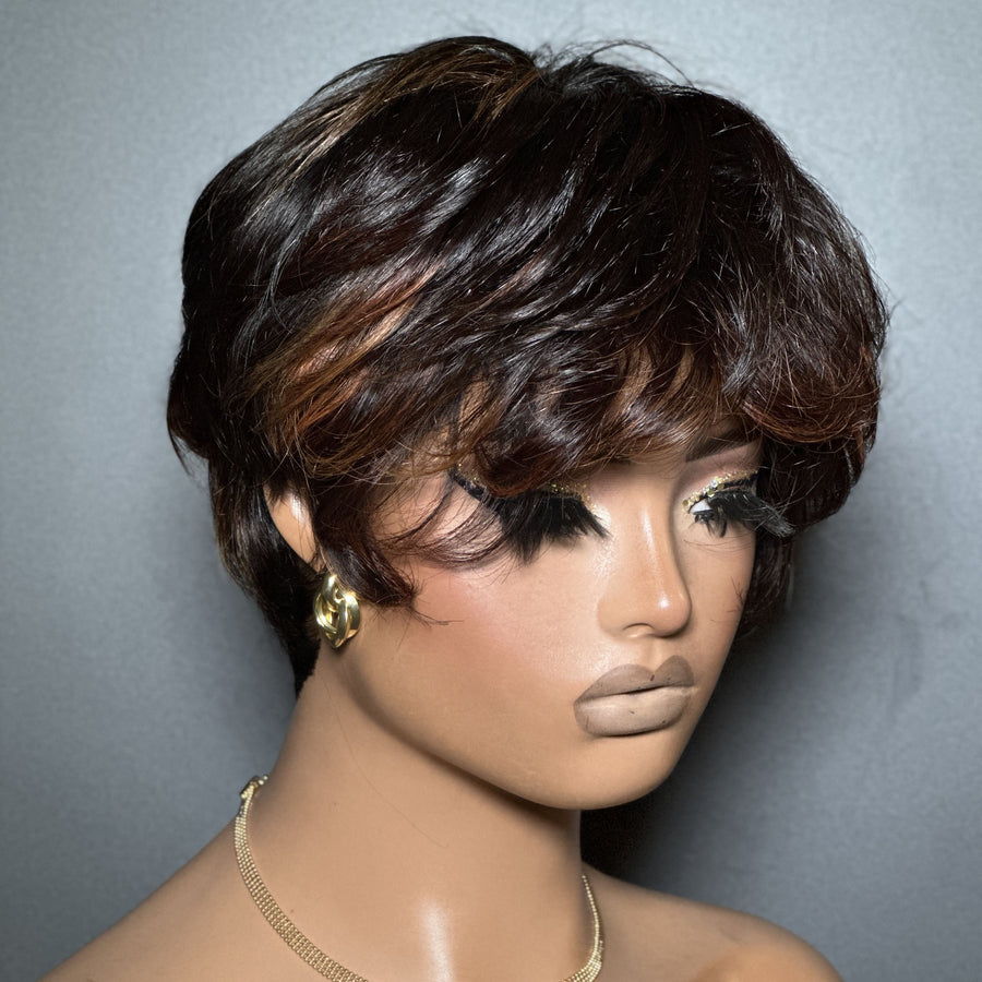 Brown Highlight Natural Realistic Glueless Short Pixie Cut Bangs Wig