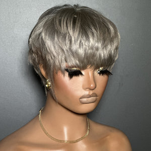 Grey Natural Realistic Glueless Short Pixie Cut Bangs Wig