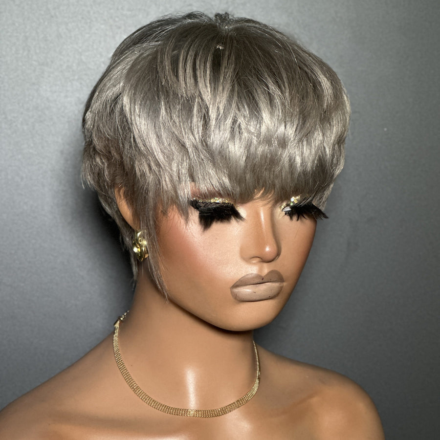 Grey Natural Realistic Glueless Short Pixie Cut Bangs Wig