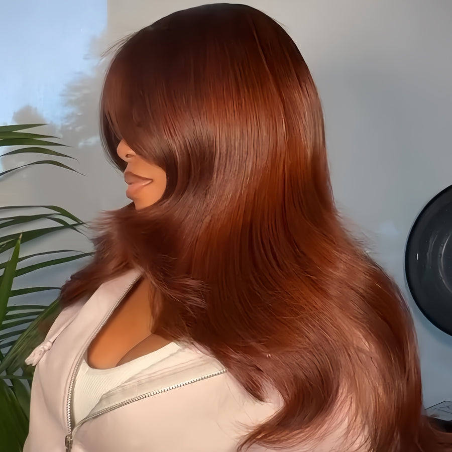 Brown Layered Wavy With Curtain Bangs Lace Closure Wig