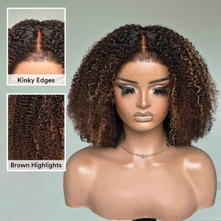 Ombre Brown Highlights Kinky Curly With Kinky Edges Bob Wig