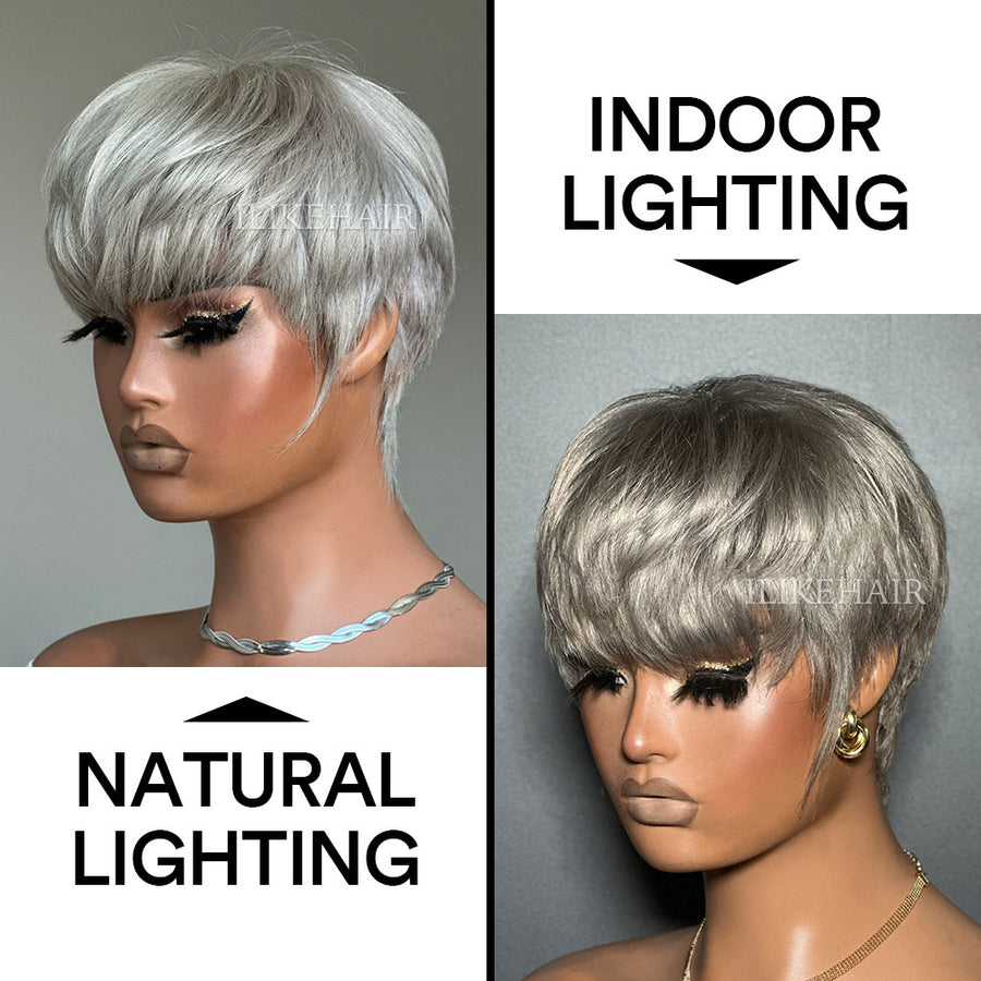 Grey Natural Realistic Glueless Short Pixie Cut Bangs Wig