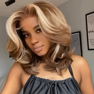 613 Blonde Highlight With Brown Root Layered Wavy Lace Wig