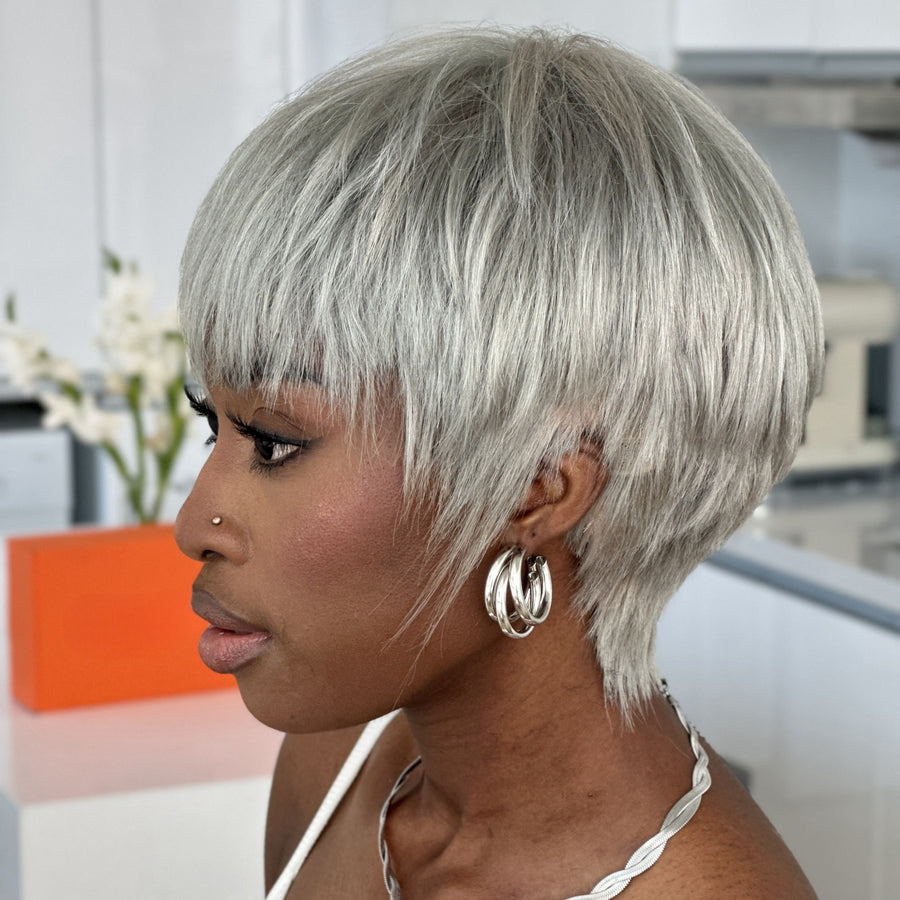 Grey Natural Realistic Glueless Short Pixie Cut Bangs Wig