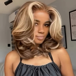 613 Blonde Highlight With Brown Root Layered Wavy Lace Wig