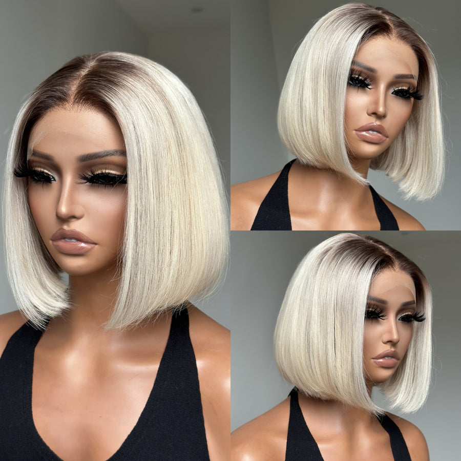 Ash Blonde Dark Roots Straight Short Bob Lace Frontal Wig