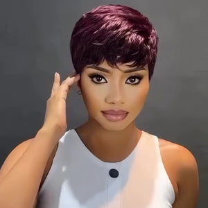 Burgundy Natural Realistic Glueless Short Pixie Cut Bangs Wig