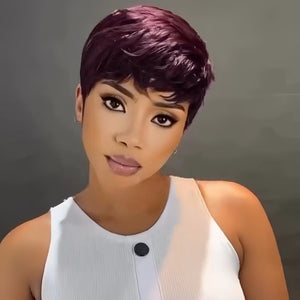 Burgundy Natural Realistic Glueless Short Pixie Cut Bangs Wig