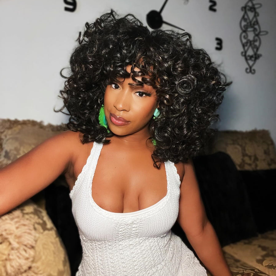 Glueless Black Hair Root Curly Wig With Bangs