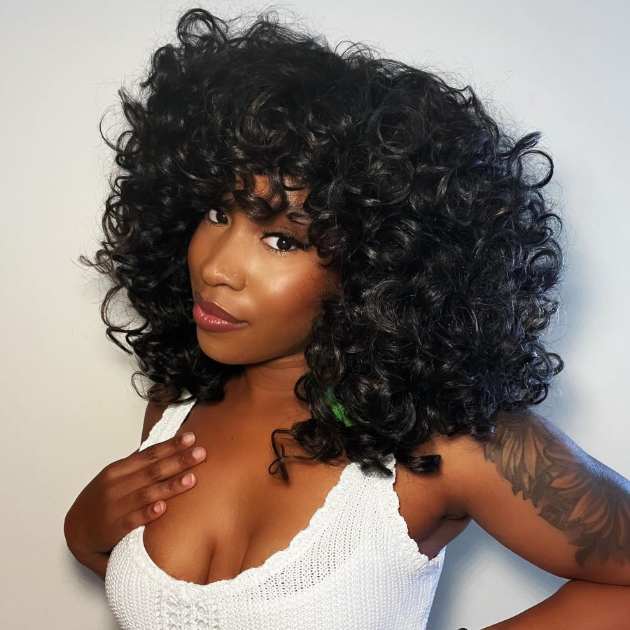 Glueless Black Hair Root Curly Wig With Bangs