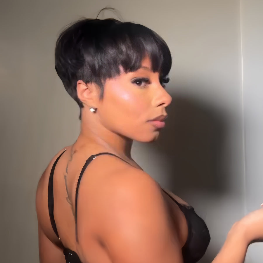 Natural Realistic Short Pixie Cut Glueless Bangs Wig