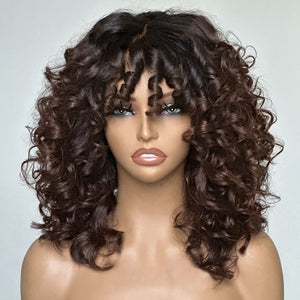 Light Brown Black Hair Root Glueless Curly Bang Wig