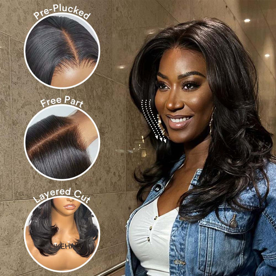 Layered Cut Wavy 5x5 Lace Closure Wig With Butterfly Bangs