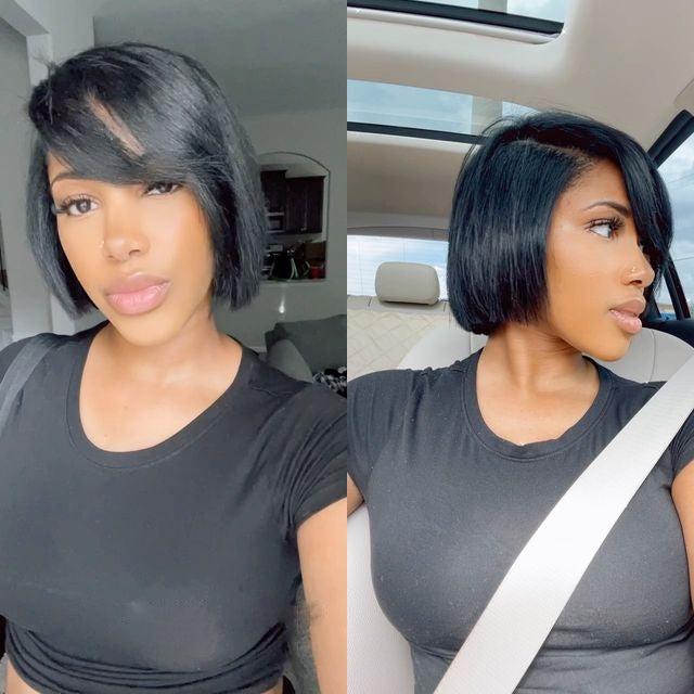 13X4 Lace Frontal Cute Side Part Short Bob Wig With Oblique Bangs