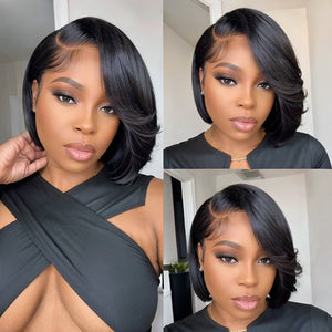 Short Glueless 5X5 Lace Closure Side Part Wig With Bangs