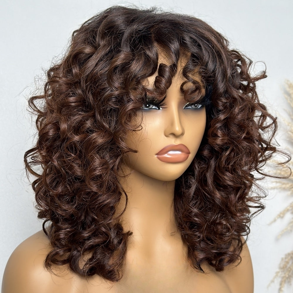 Light Brown Black Hair Root Glueless Curly Bang Wig – coracrown