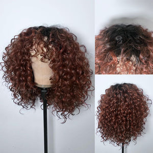 Glueless Ginger Brown Black Hair Root Curly Wig With Bangs