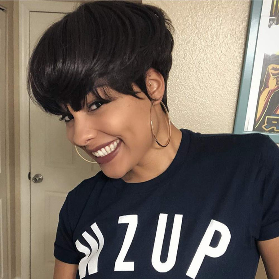 No Lace Short Pixie Cut Layered Bob Wig With Bangs