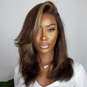 Layered Dark Brown with Blonde Highlights Wavy Lace Front Wig Human Hair