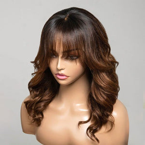 Ombre Chestnut Brown Layered Curtain Bangs Wavy 13x4 Lace Frontal Wig