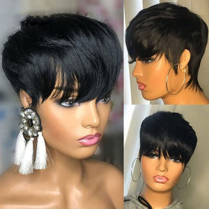 No Lace Short Pixie Cut Layered Bob Wig With Bangs