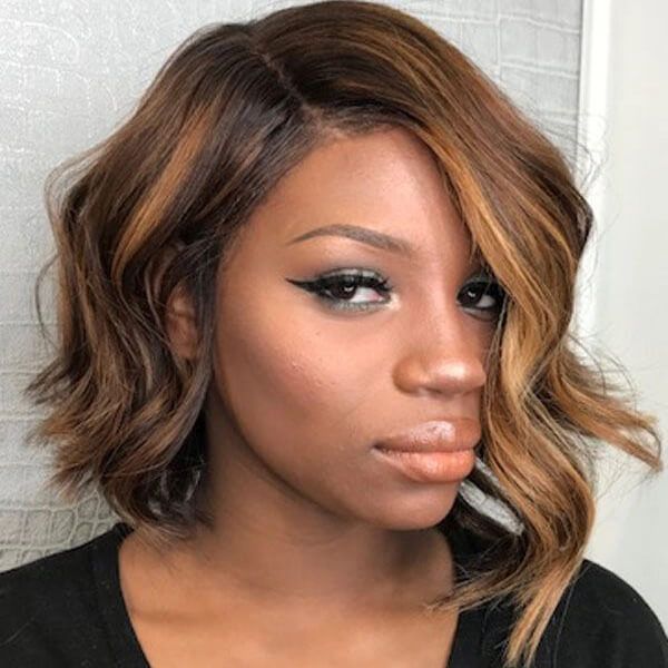 13x4 Lace Frontal Short Asymmetrical Wavy Bob Caramel Highlights Wig